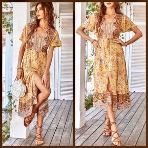Floral Boho Cottagecore Yellow Split Hem dress